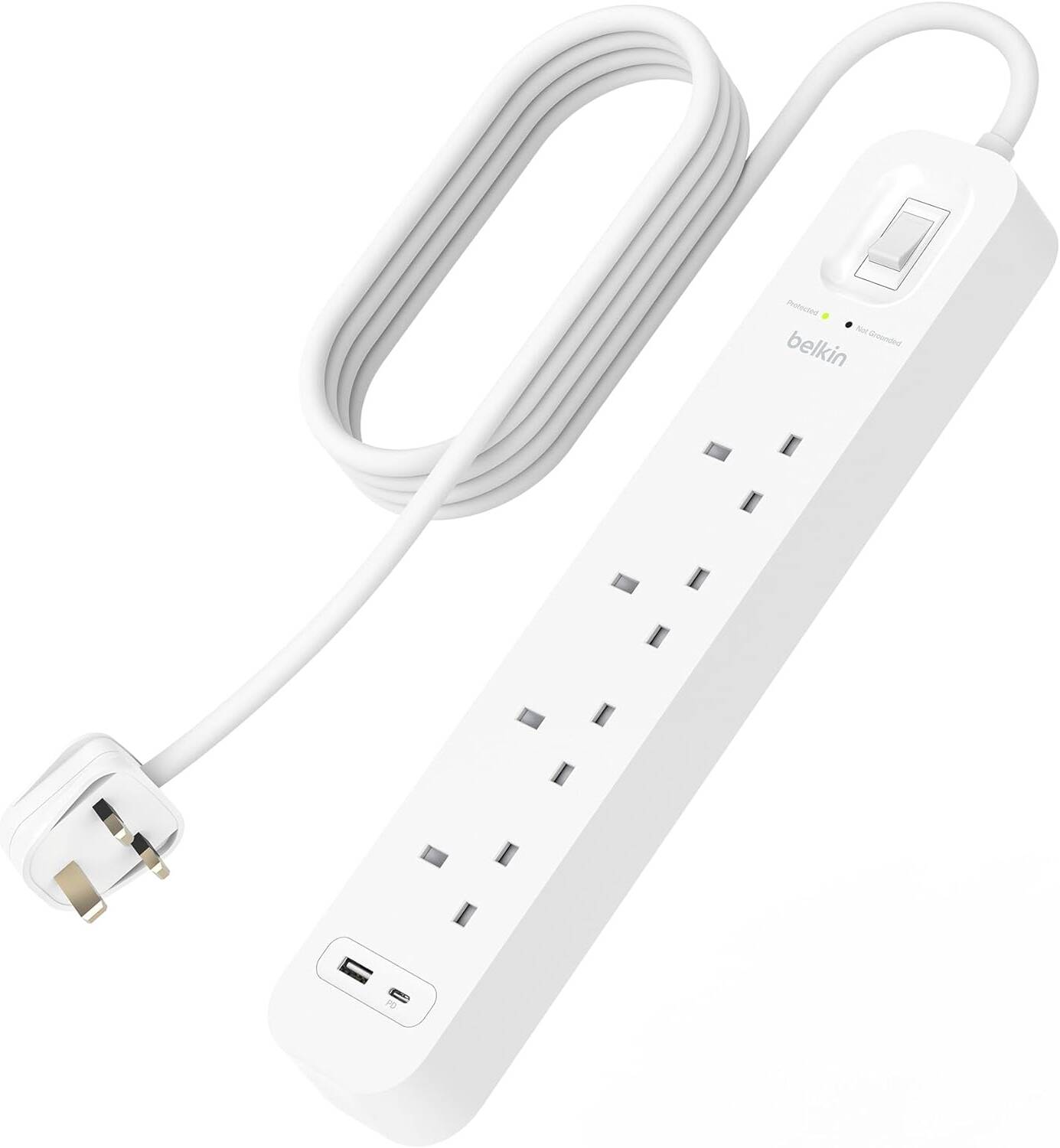 Belkin Surge Protector Power Extension with 4 Outlets & USB-C + USB-A, 525 Joules Surge Protection